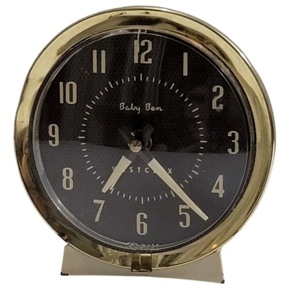 Vintage Westclox Baby Ben Alarm Clock Gold Trim Black Face